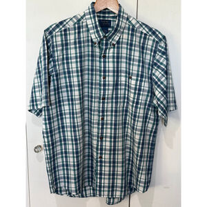 Men's Cambridge Classics White Green Blue Plaid Casual Button Down Shirt L